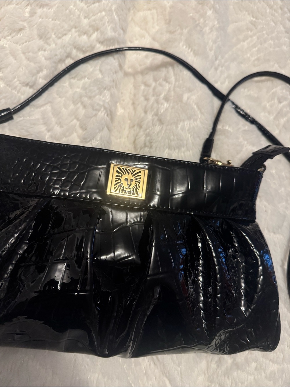 Anne Klein Black Patent Croc-Embossed Crossbody with Gold Square Logo Accent